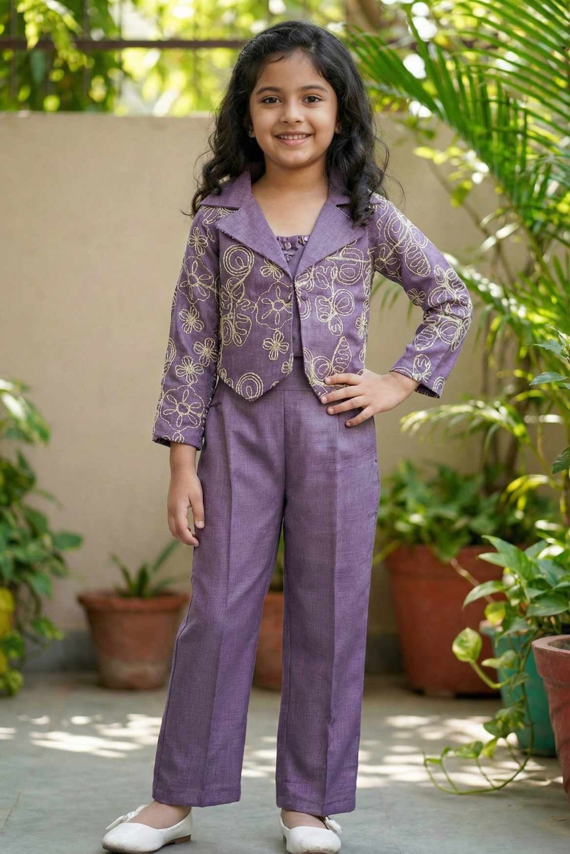 Lavender Embroidered Co-ord Set with Cropped Jacket For Girls
