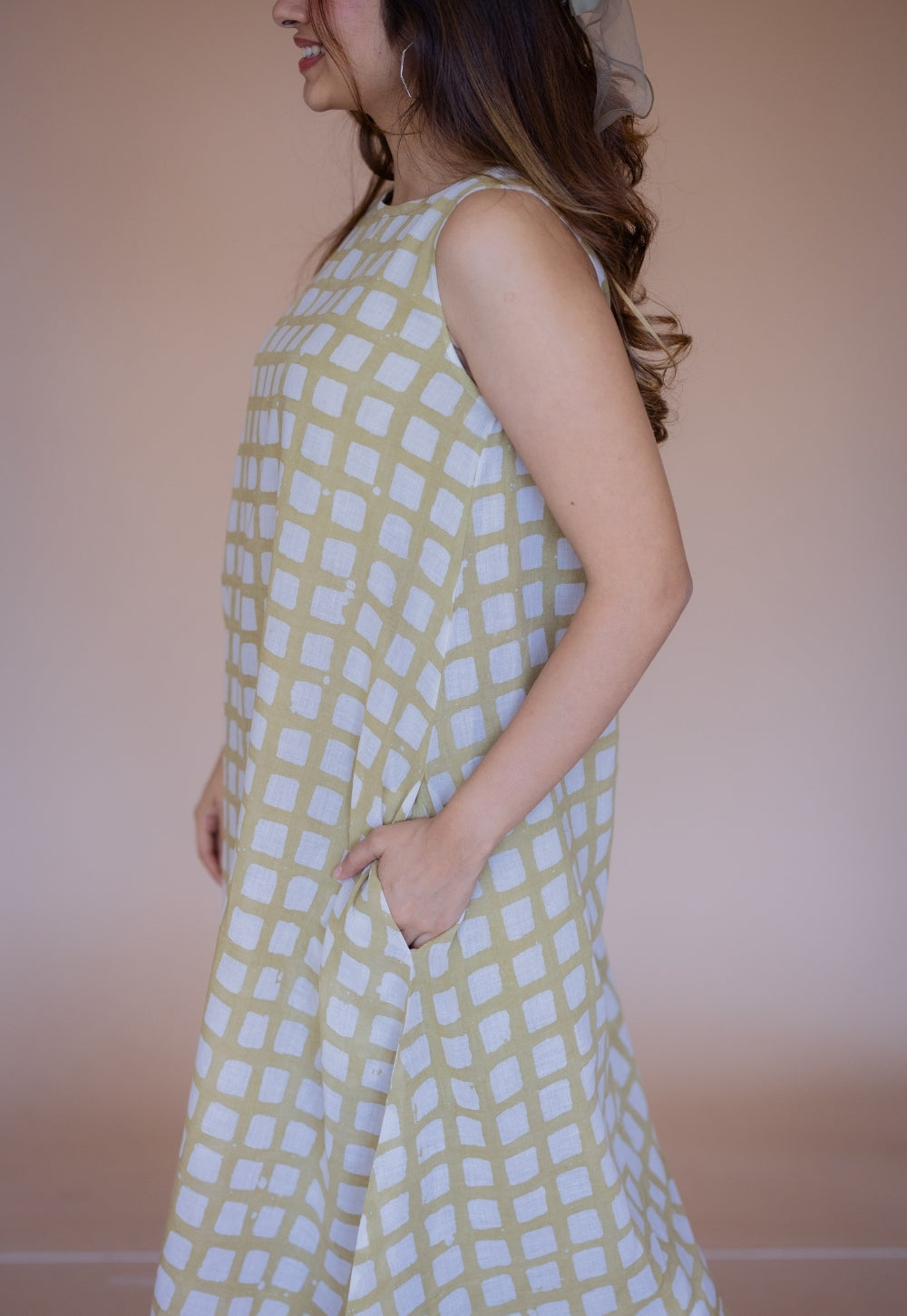 Asfia Green Batik MulMul A Line Dress with Slip