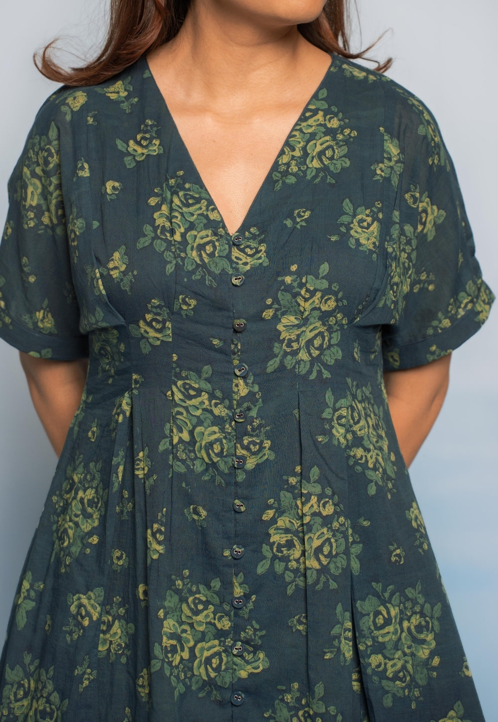 Reema Teal Blue Dabu Mul Cotton A Line Dress