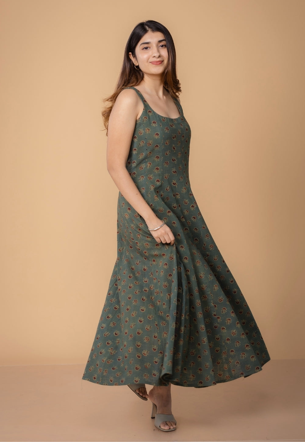 Jisha Green Dabu Slub Cotton A Line Dress
