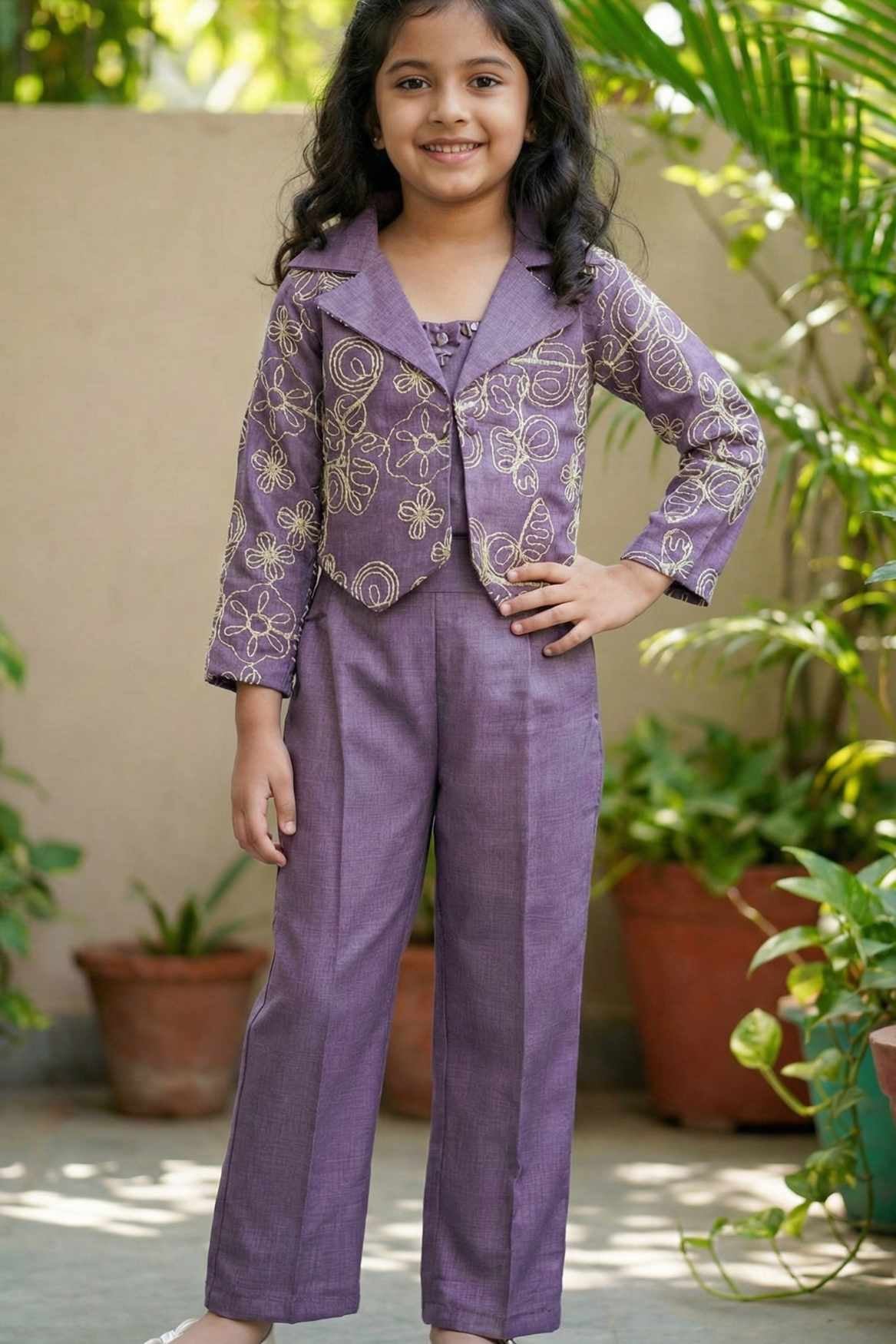 Lavender Embroidered Co-ord Set with Cropped Jacket For Girls