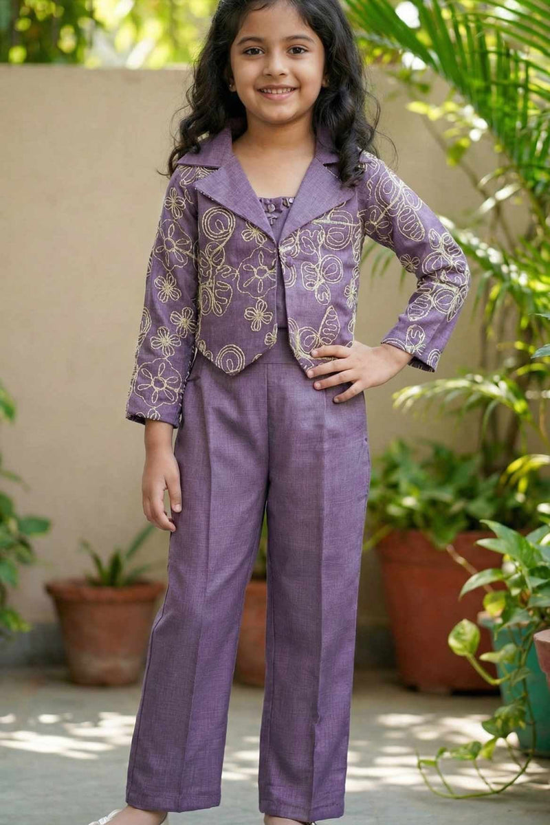 Lavender Embroidered Co-ord Set with Cropped Jacket For Girls