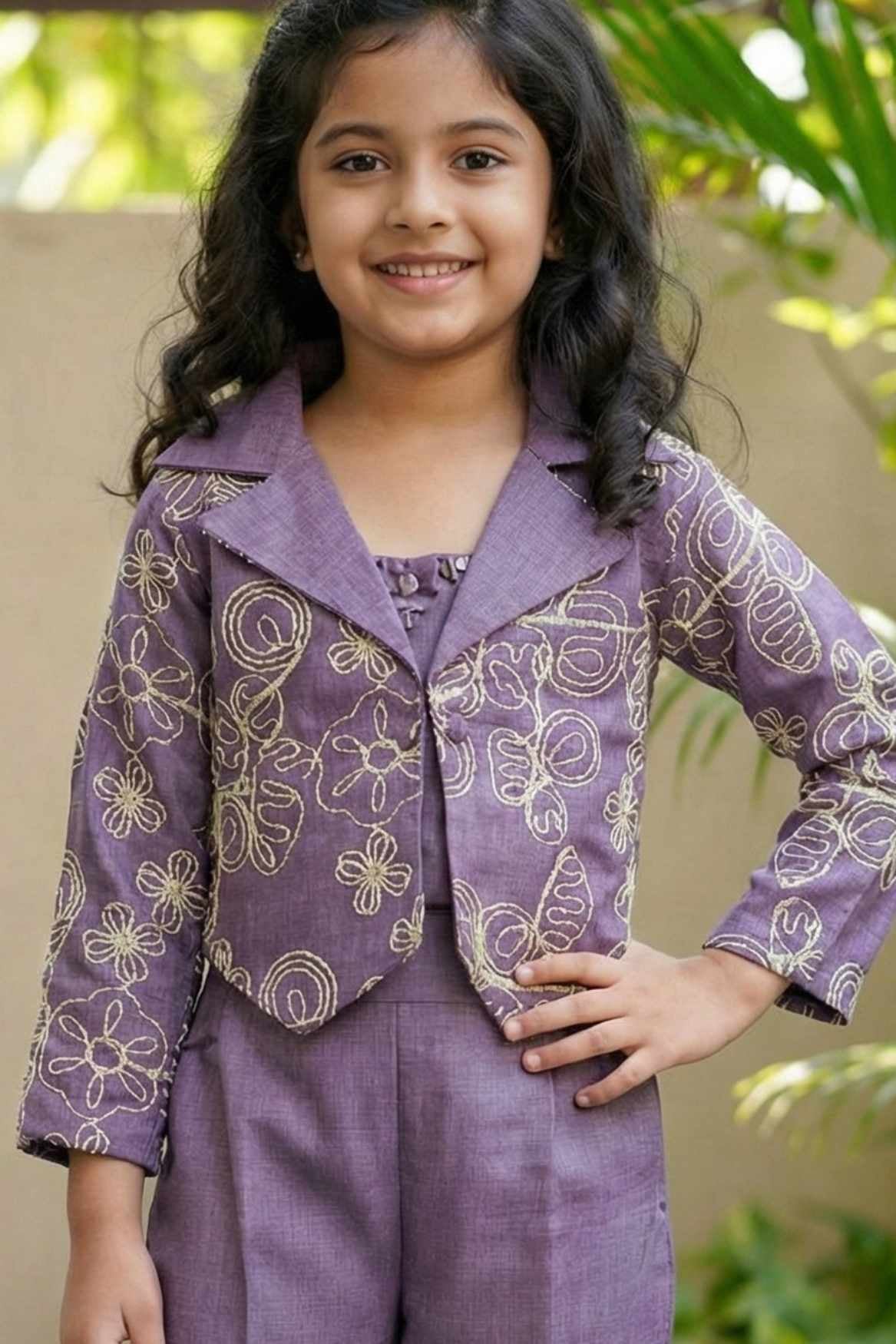 Lavender Embroidered Co-ord Set with Cropped Jacket For Girls