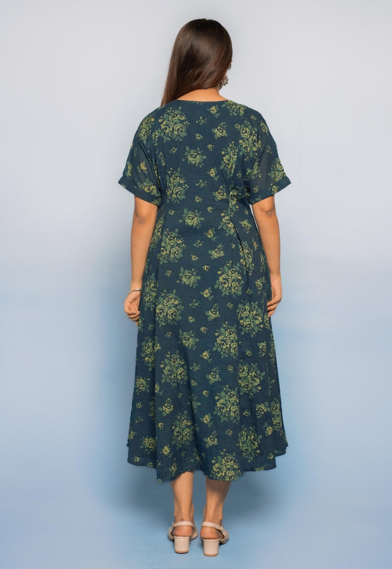 Reema Teal Blue Dabu Mul Cotton A Line Dress