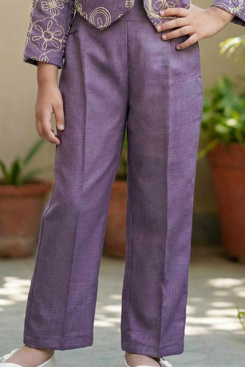 Lavender Embroidered Co-ord Set with Cropped Jacket For Girls