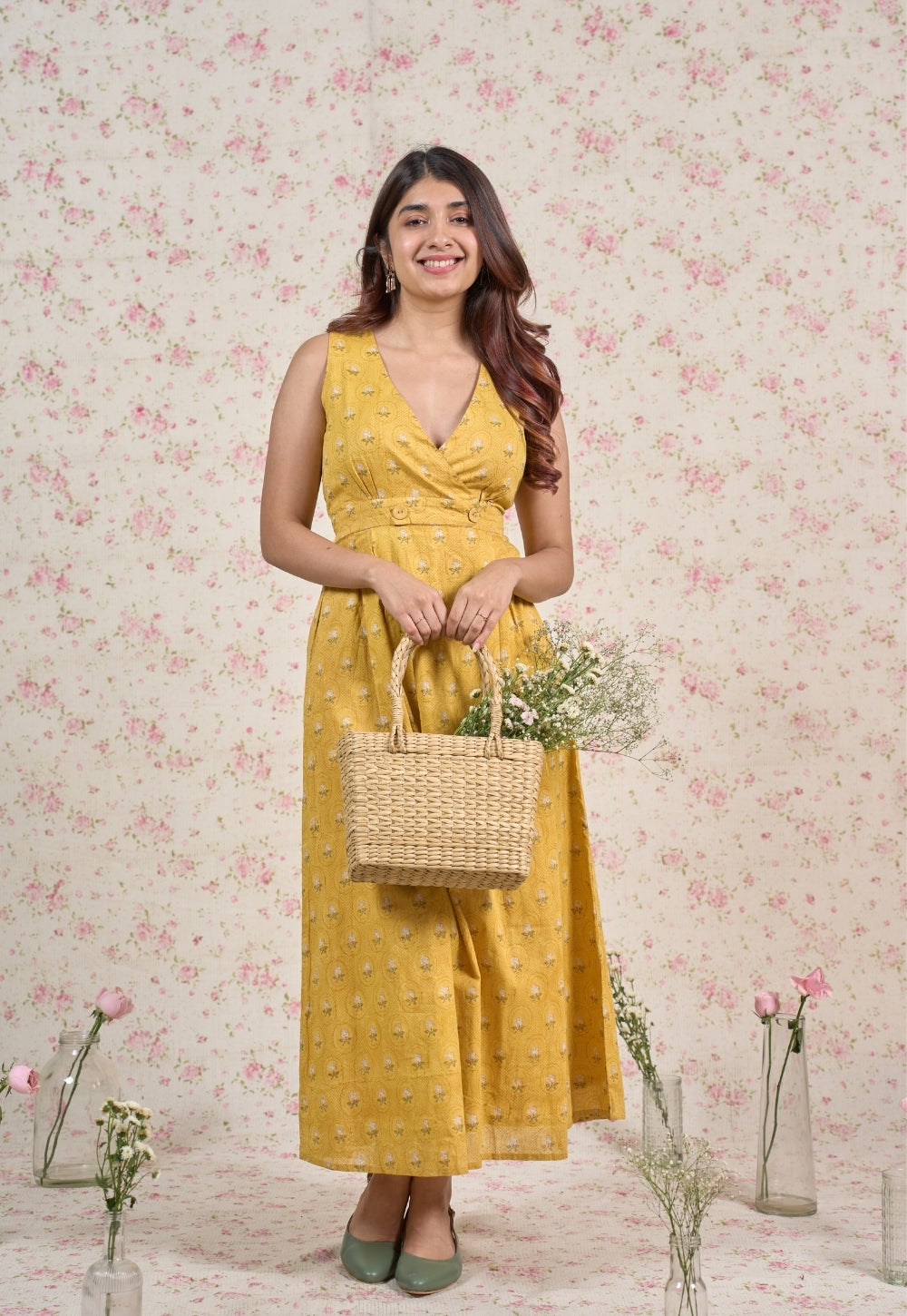 Jenny Yellow Sanganeri Mul Cotton A Line Dress