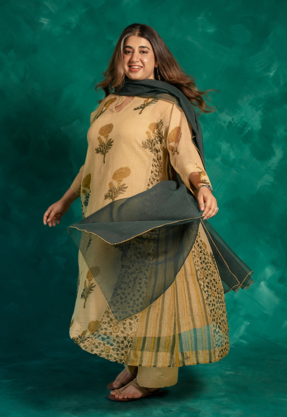 Nyra Beige Bagru Kota Doria Cotton Jhabbha Kali Kurta with Slip