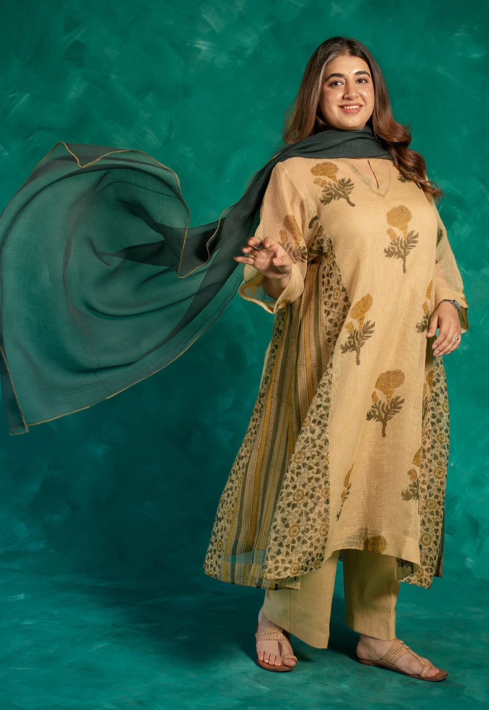 Nyra Beige Bagru Kota Doria Cotton Jhabbha Kali Kurta with Slip