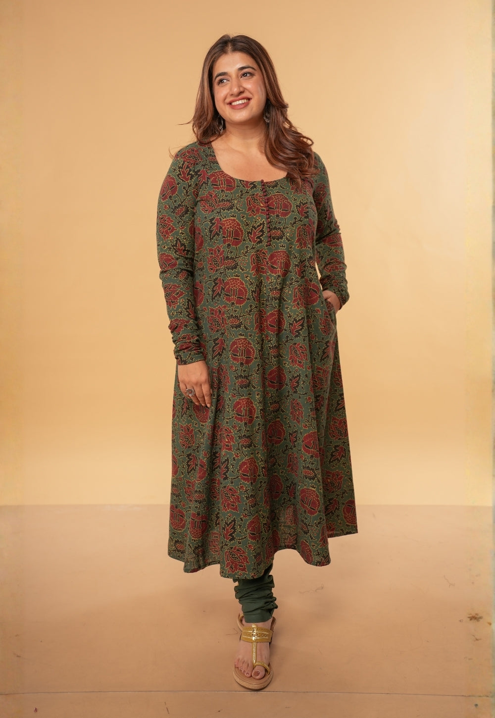 Akrita Green Dabu Slub Cotton Kali Kurta