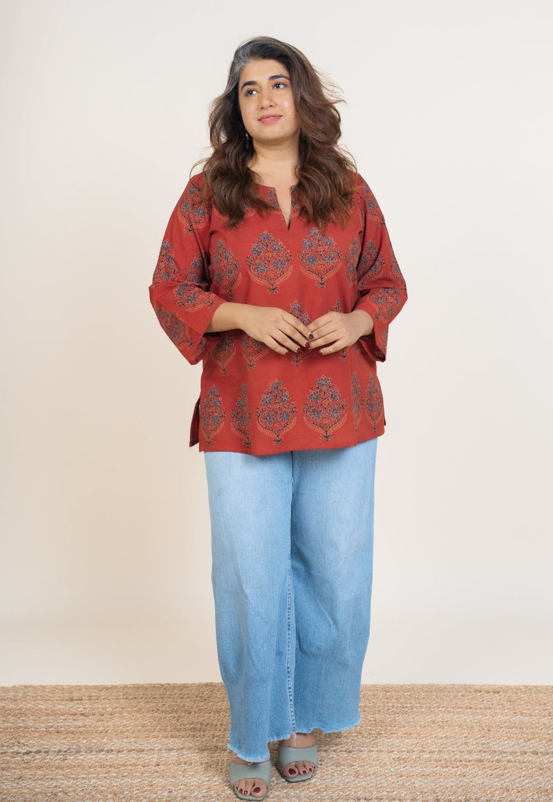 Anvi Red Ajrakh Cotton Straight Short Top
