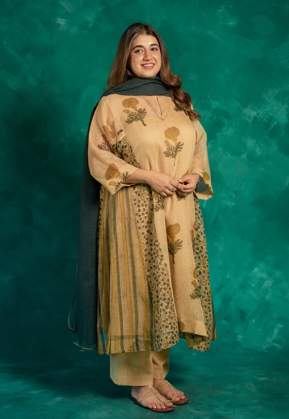 Nyra Beige Bagru Kota Doria Cotton Jhabbha Kali Kurta with Slip