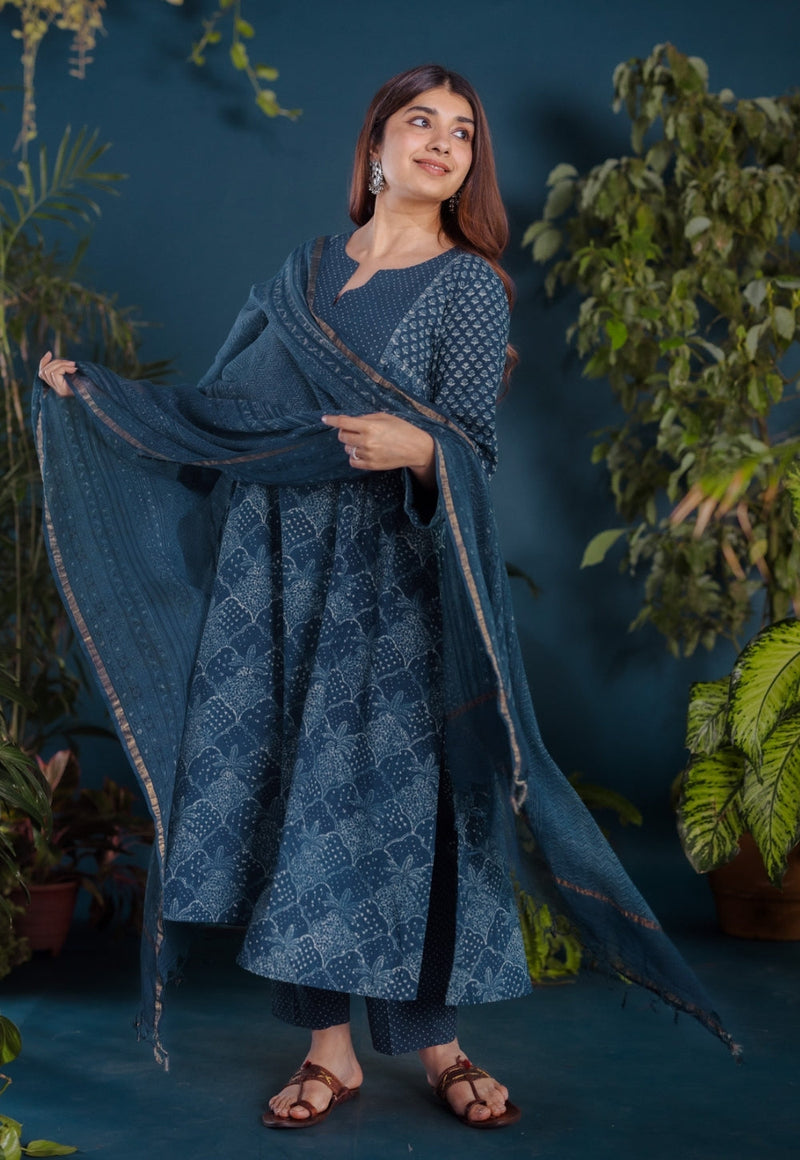 Prita Blue Dots Ajrakh Cotton Narrow Pant
