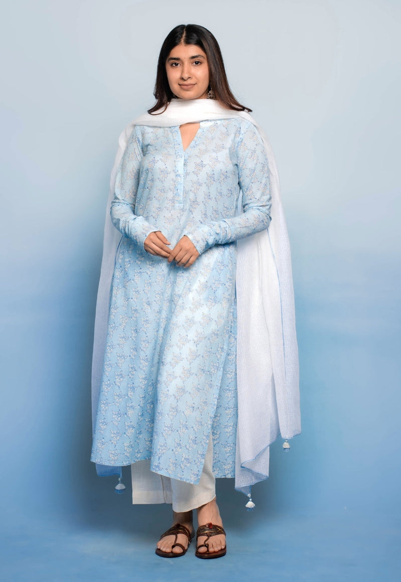 Tanya Blue Dabu Mul Cotton Straight Kurta