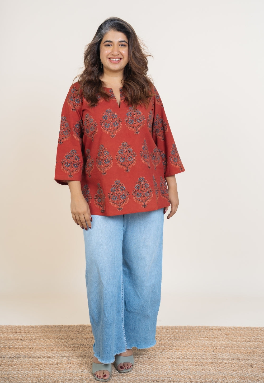 Anvi Red Ajrakh Cotton Straight Short Top