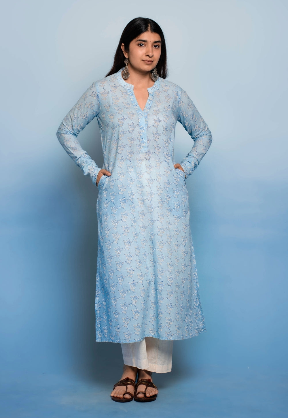 Tanya Blue Dabu Mul Cotton Straight Kurta