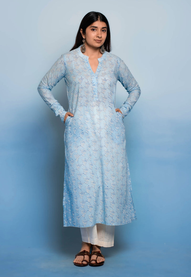 Tanya Blue Dabu Mul Cotton Straight Kurta