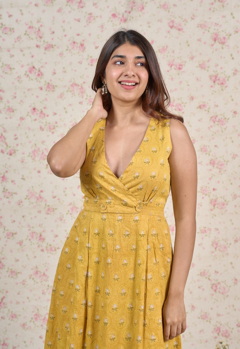 Jenny Yellow Sanganeri Mul Cotton A Line Dress