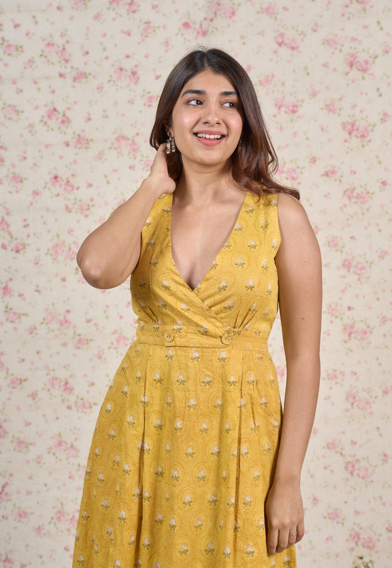 Jenny Yellow Sanganeri Mul Cotton A Line Dress
