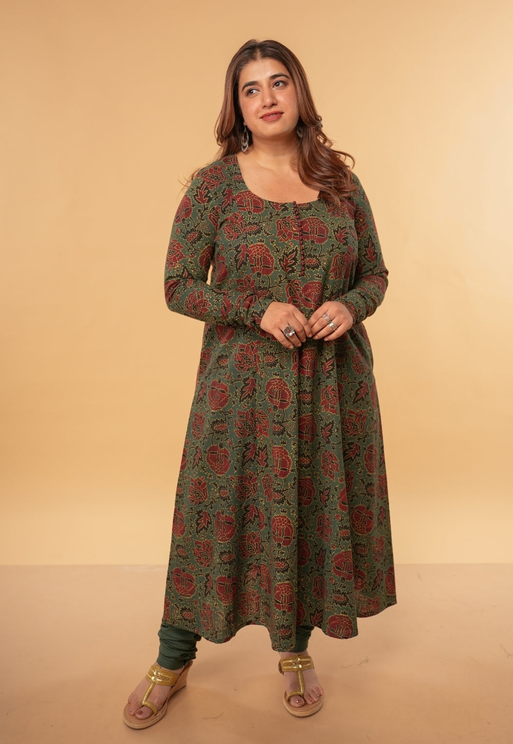 Akrita Green Dabu Slub Cotton Kali Kurta