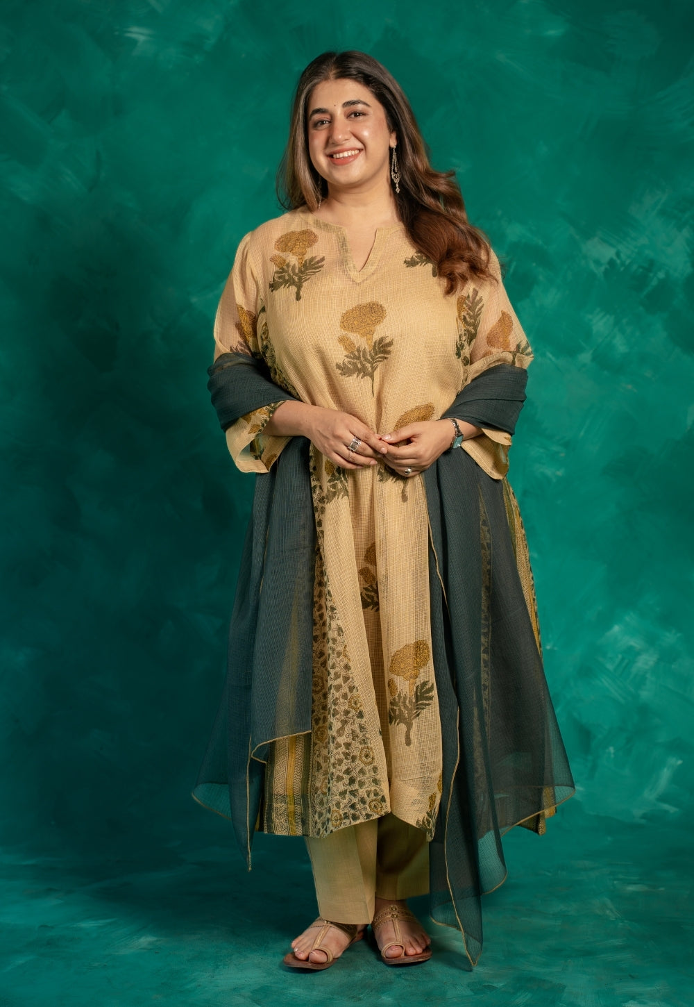 Nyra Beige Bagru Kota Doria Cotton Jhabbha Kali Kurta with Slip