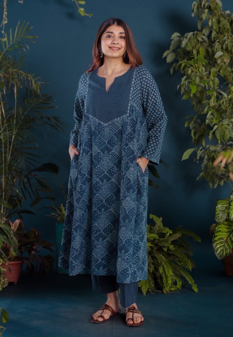 Raunak Blue Ajrakh Cotton Kali Kurta