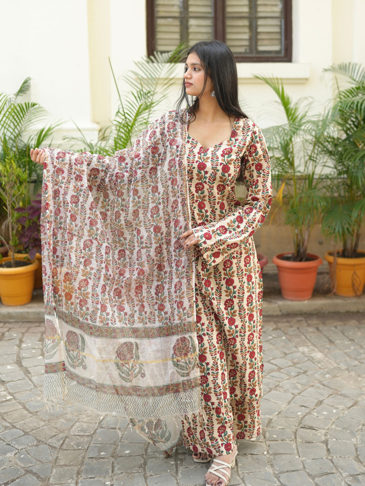 Biba Beige Handblock Cotton Straight Suit Set