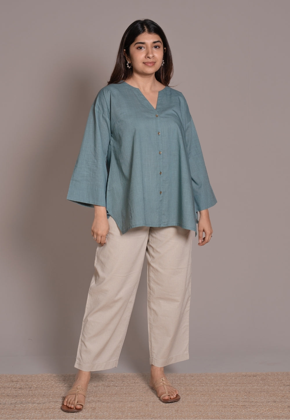 Light Blue Solid Slub Cotton Straight Short Top - DyeVerse