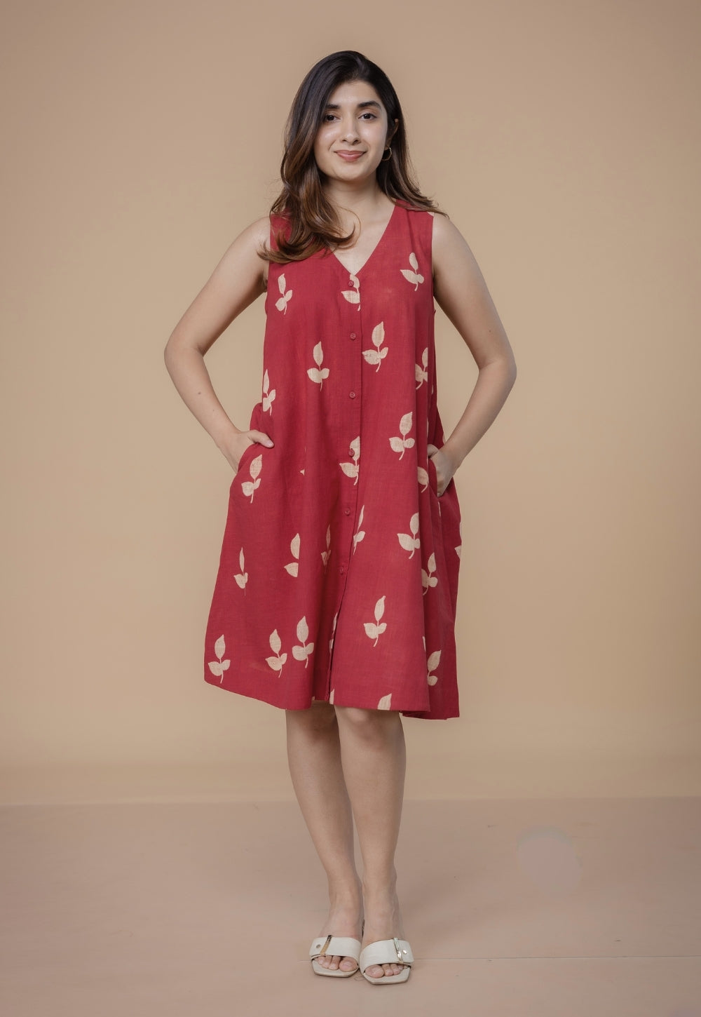 Siaa Red Dabu Slub Cotton A Line Dress