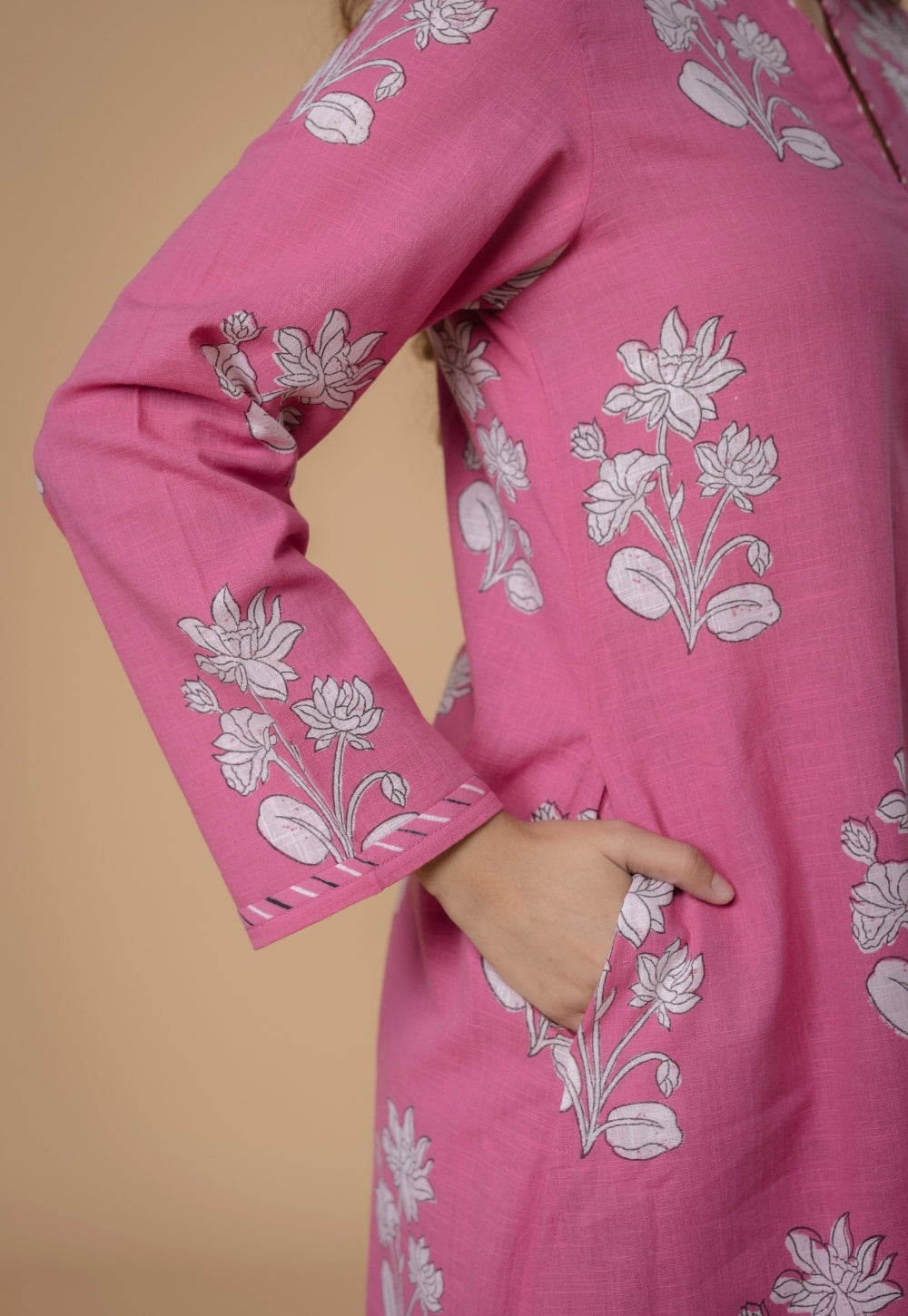 Eshika Pink Dabu Slub Cotton A Line Kurta