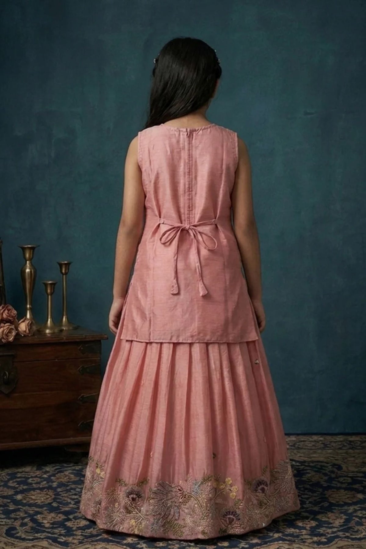 Girls Dusty Pink Embroidered Top with Flared Lehenga Set