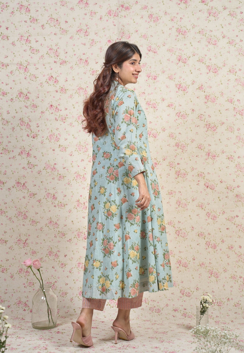 Emma Blue Sanganeri Slub Cotton Kali Kurta
