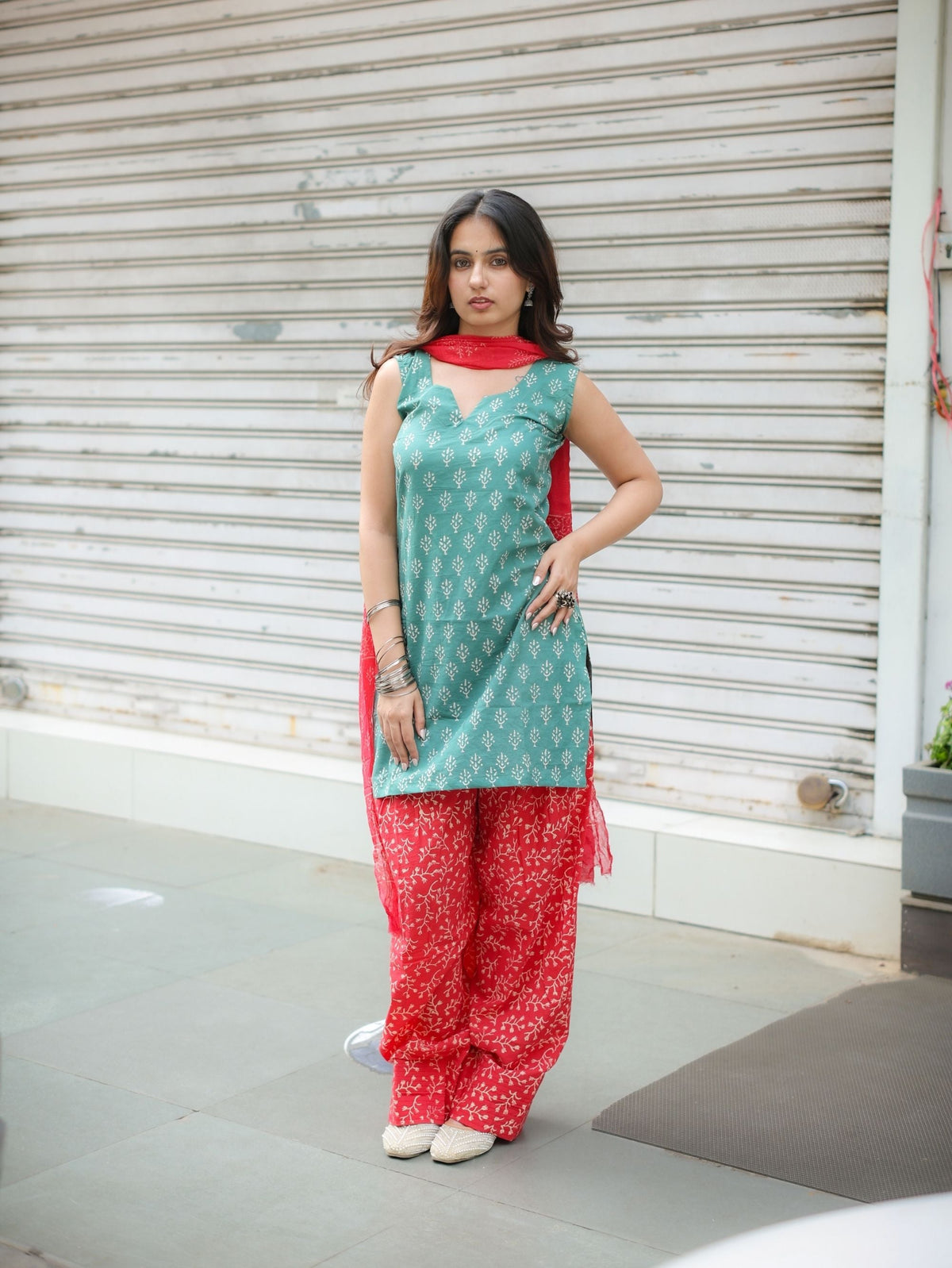 Ruby Sage Green & Red Farshi Salwar Set with cotton Dupatta