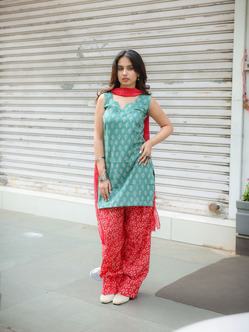Ruby Sage Green & Red Farshi Salwar Set with cotton Dupatta