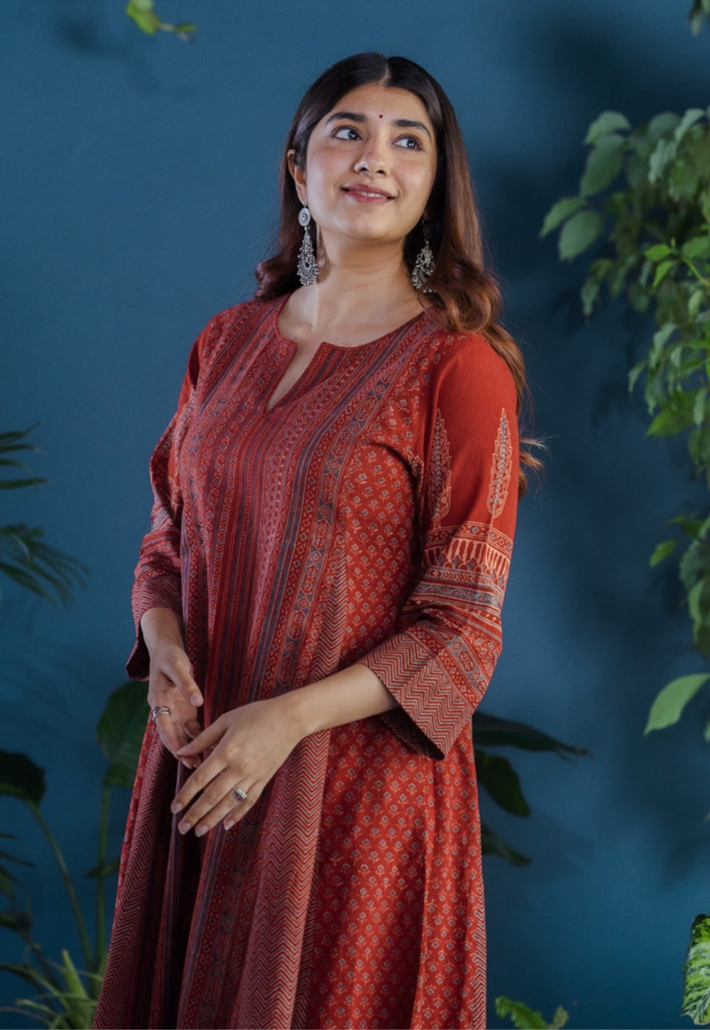 Pranika Red Ajrakh Cotton Kali Kurta with Hand Embroidery