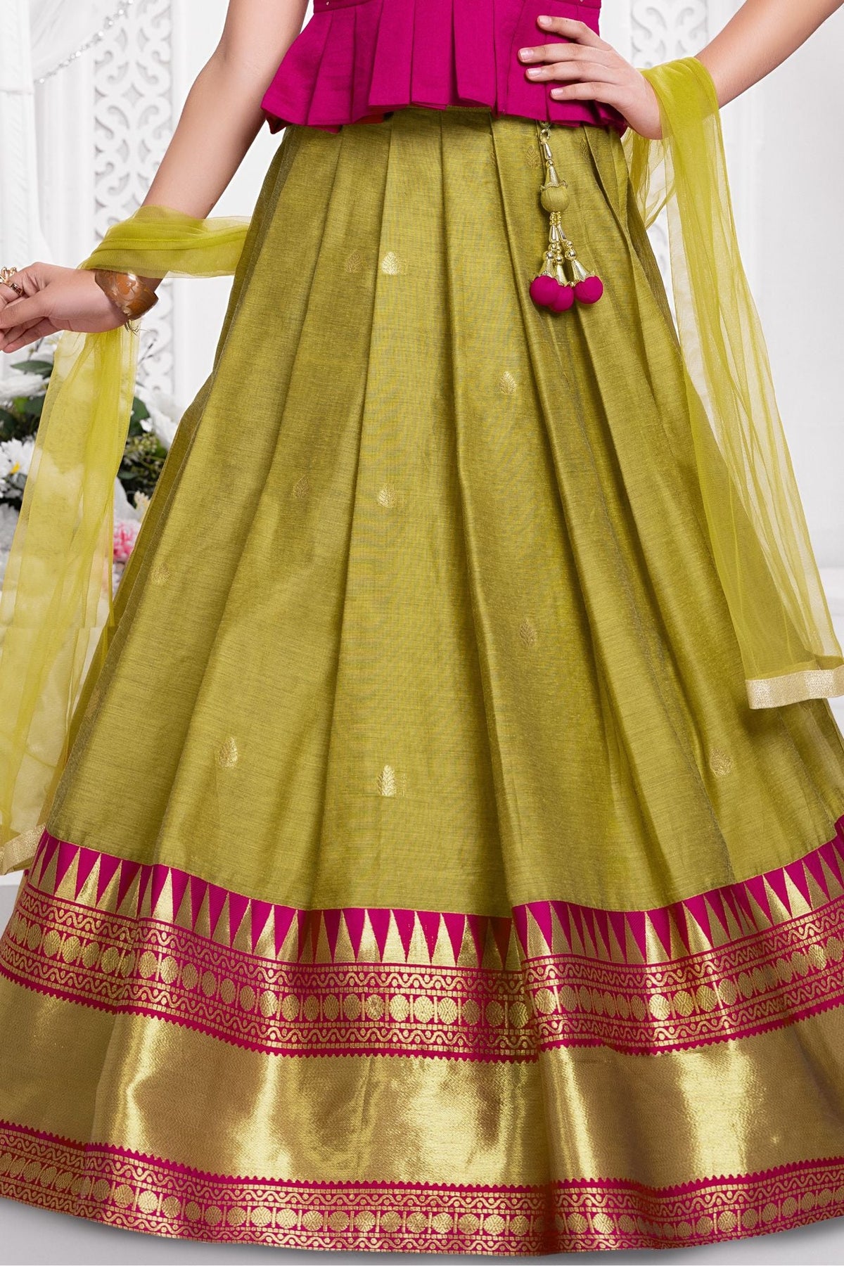 Olive Green And Rani Pink Traditional Pattu Pavadai Set with Dupatta for Girls