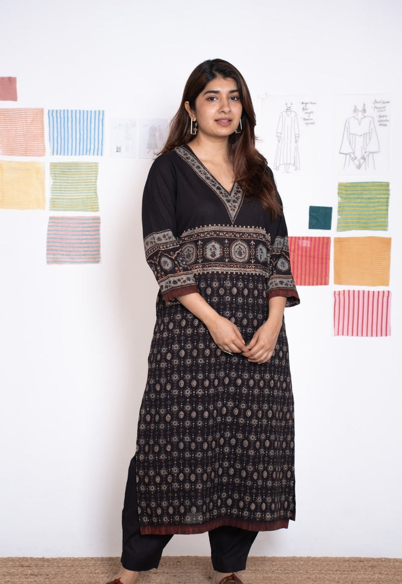 Elisha Black Ajrakh Cotton Straight Kurta
