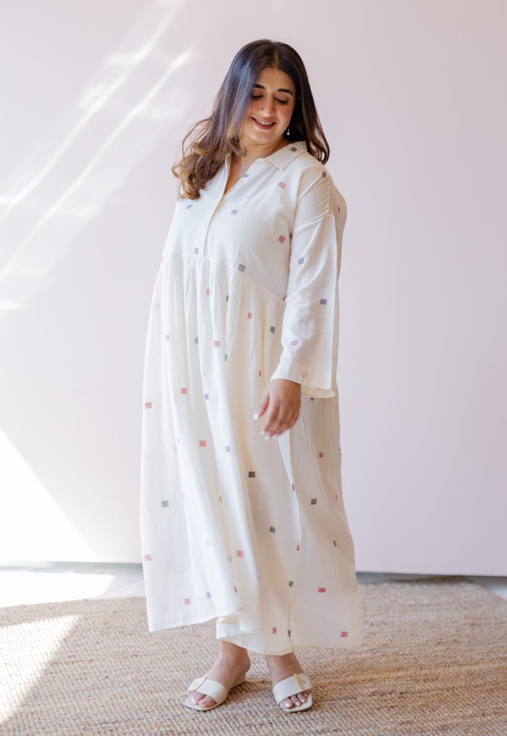 Rhea Off White Jamdani Handloom Cotton A Line Dress