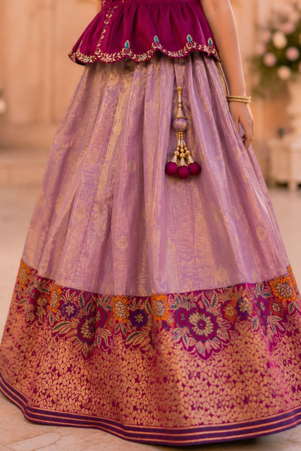 Wine Embroidered Pattu Pavadai Set with Zari Work For Girls