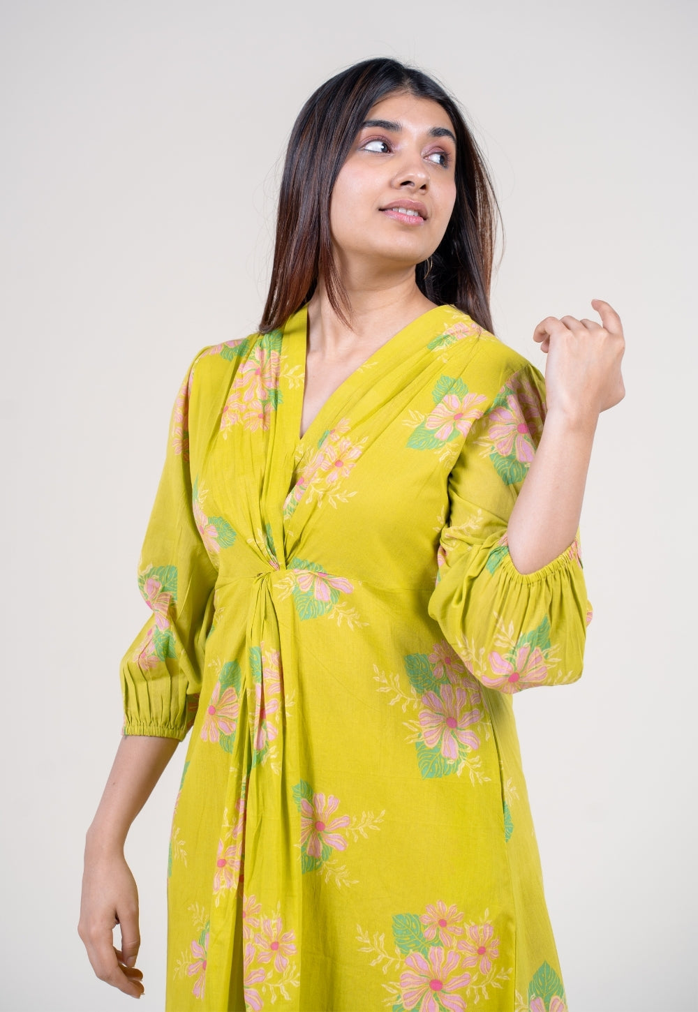 Payal Lime Green Printed Mul A Line Dress with Slip
