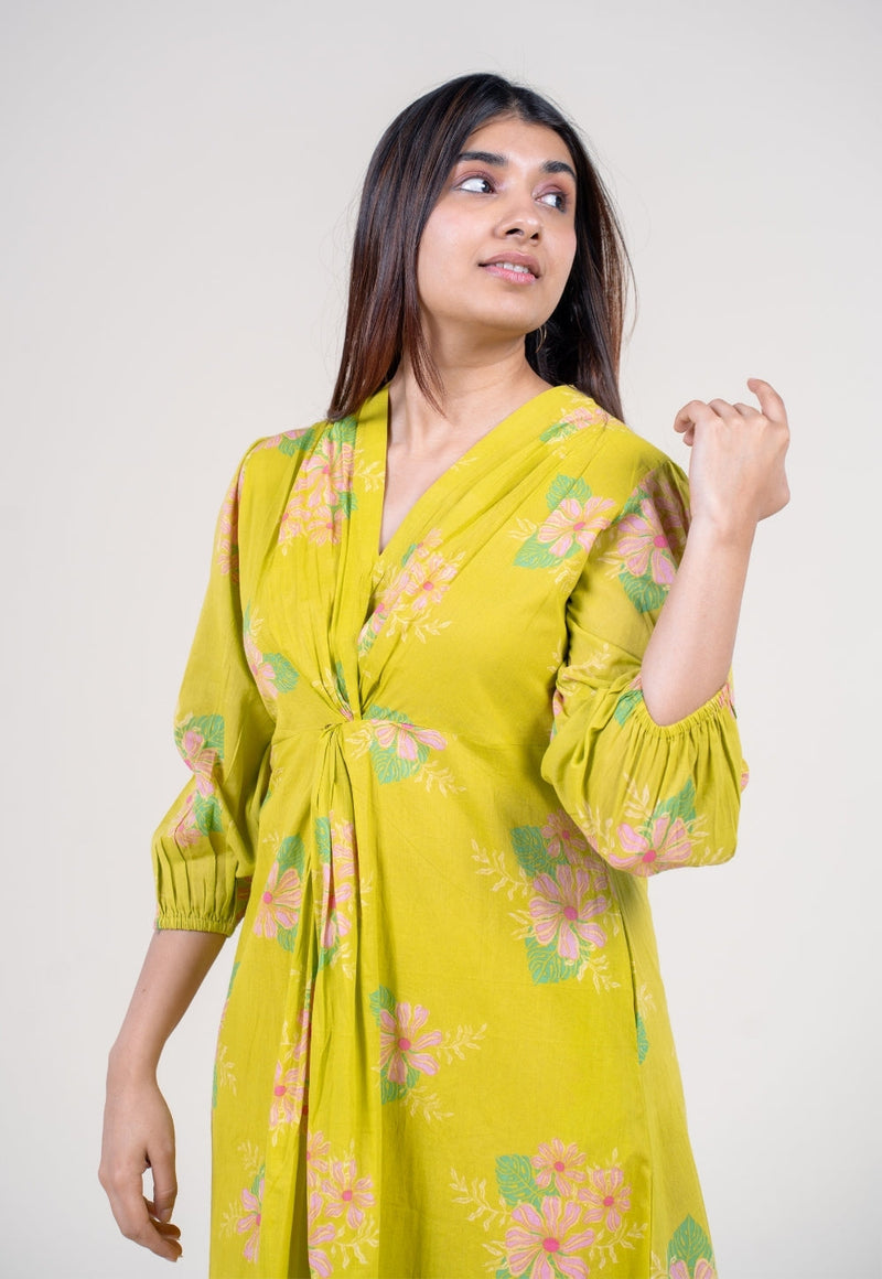 Payal Lime Green Printed Mul A Line Dress with Slip