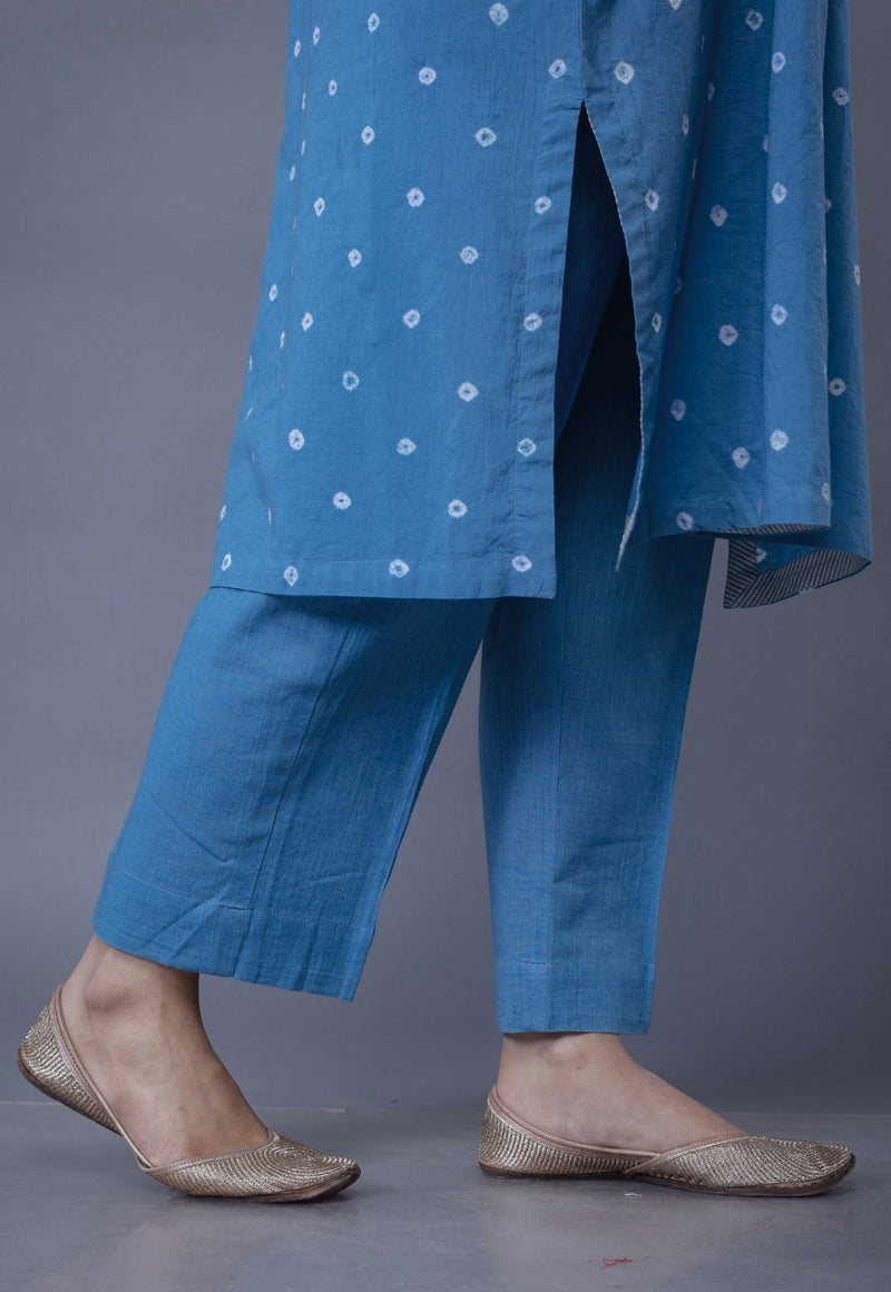 Yashi Blue Bandhani Slub Cotton Straight Pant