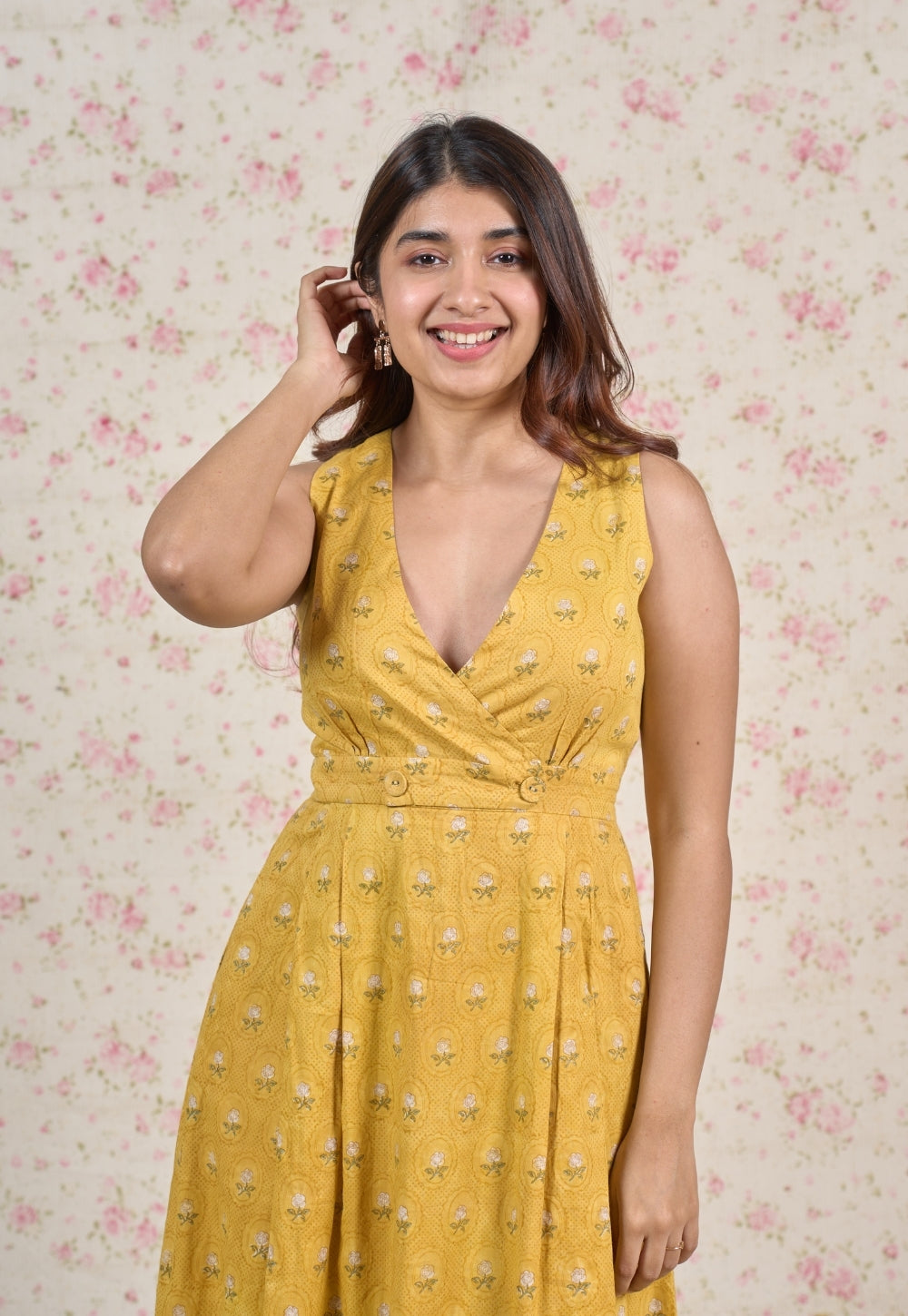 Jenny Yellow Sanganeri Mul Cotton A Line Dress