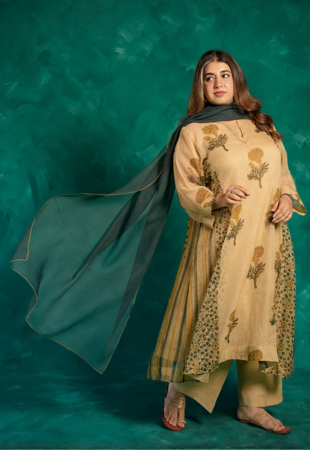 Nyra Beige Bagru Kota Doria Cotton Jhabbha Kali Kurta with Slip