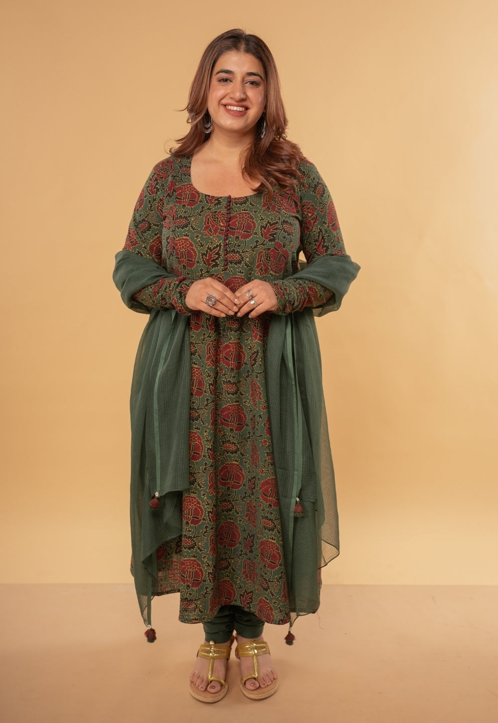 Akrita Green Dabu Slub Cotton Kali Kurta