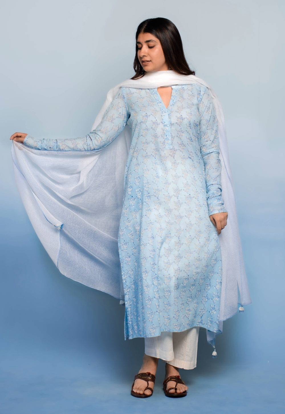 Tanya Blue Dabu Mul Cotton Straight Kurta