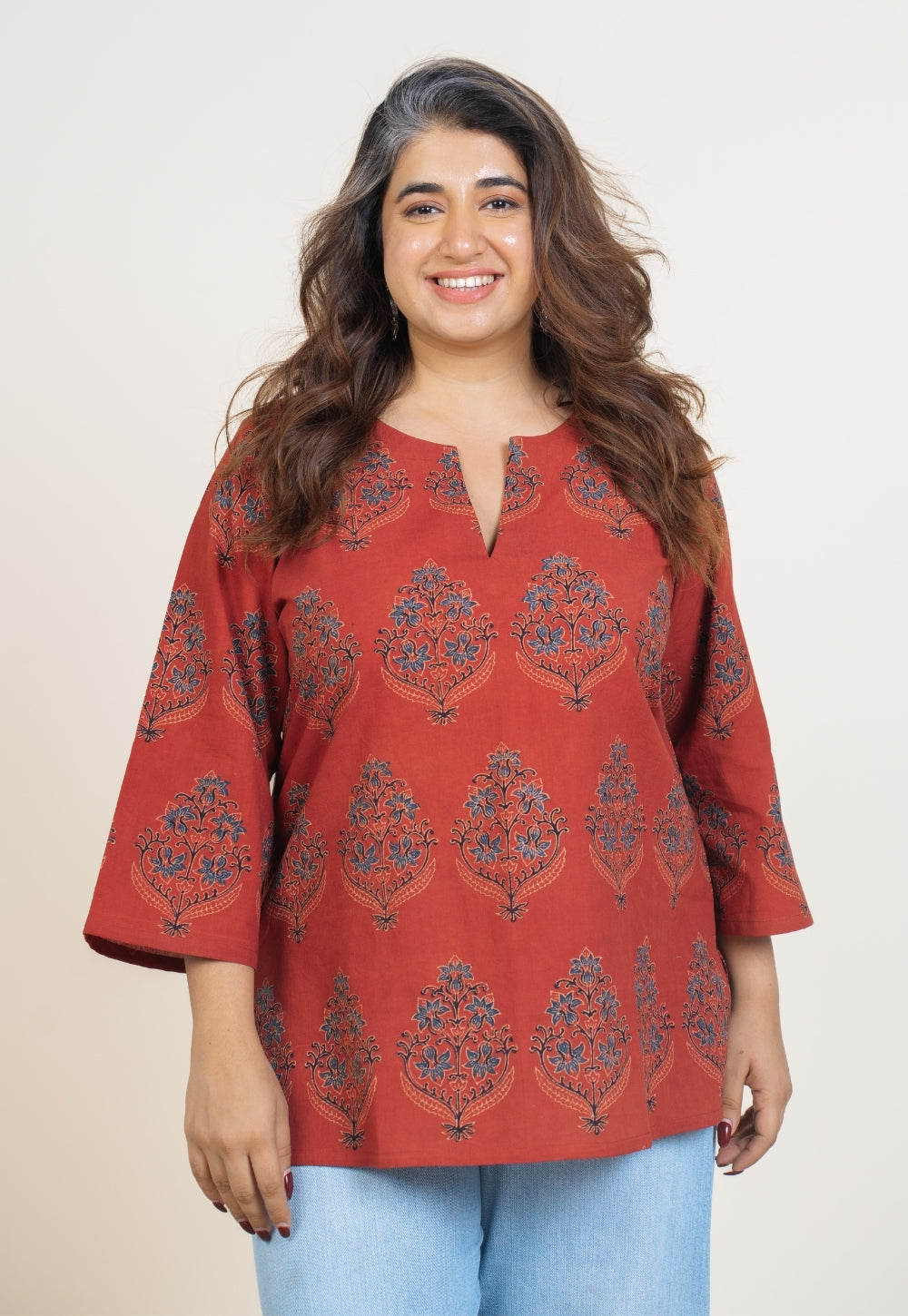 Anvi Red Ajrakh Cotton Straight Short Top