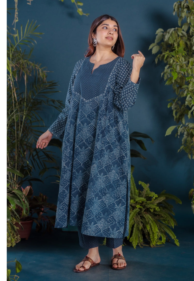 Raunak Blue Ajrakh Cotton Kali Kurta