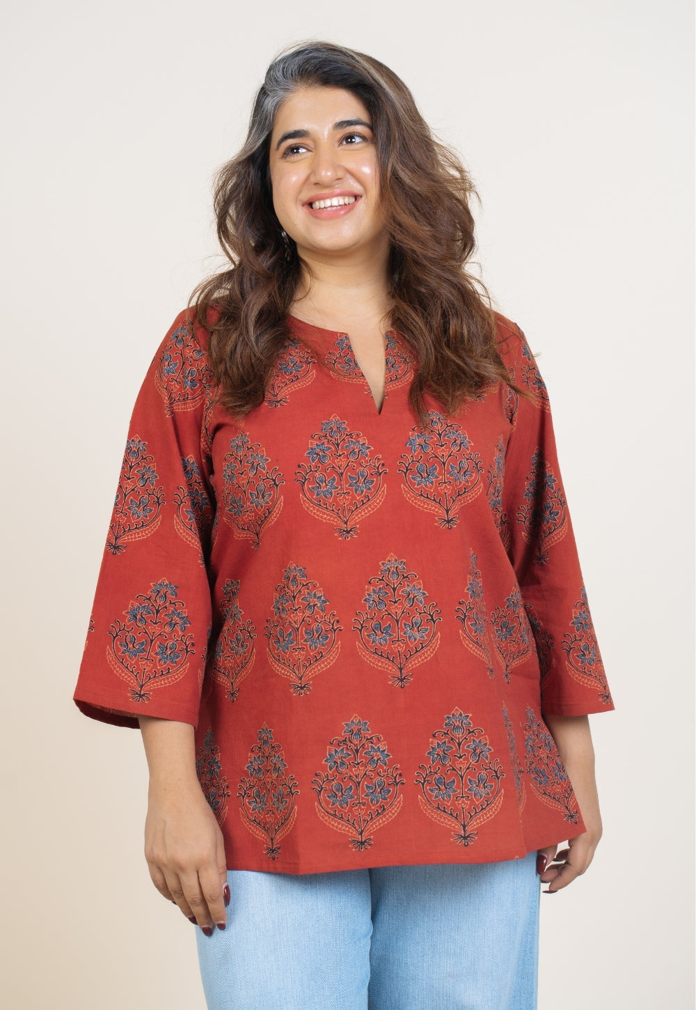 Anvi Red Ajrakh Cotton Straight Short Top