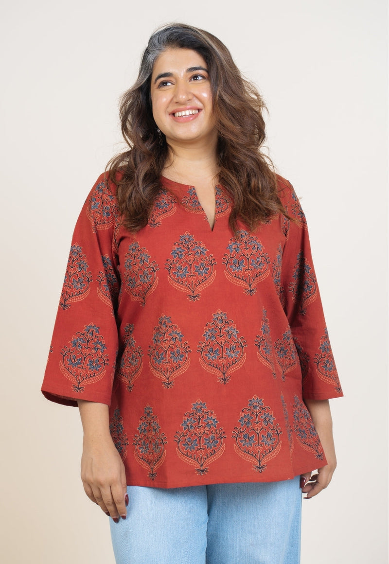 Anvi Red Ajrakh Cotton Straight Short Top