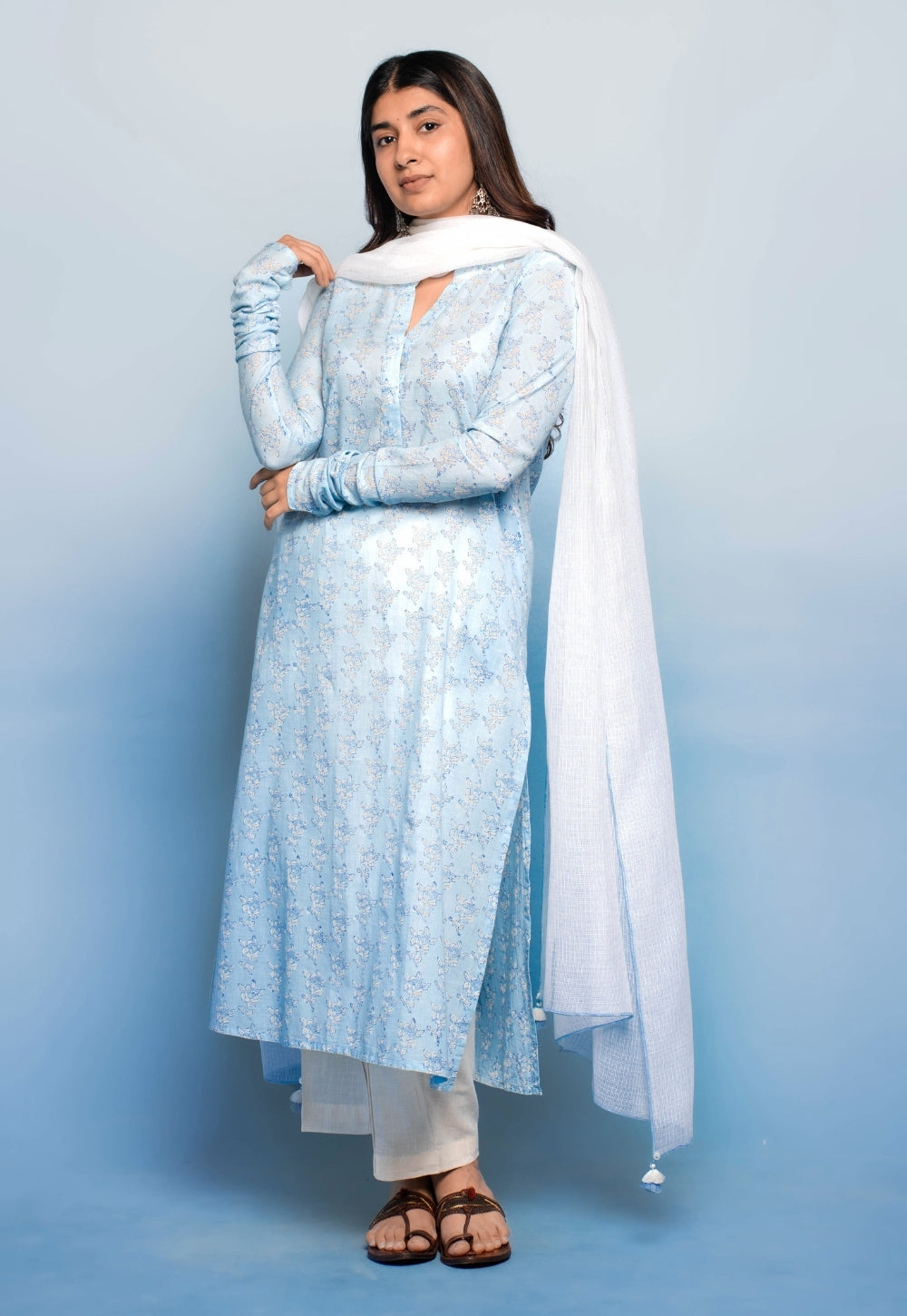 Tanya Blue Dabu Mul Cotton Straight Kurta